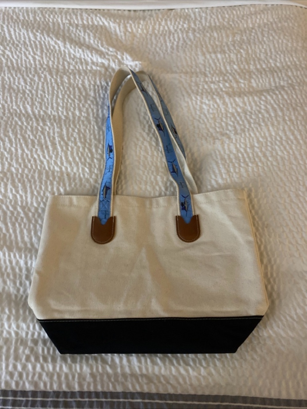 Guy Harvey Long Handle Canvas Boat Tote with Blue Patterned Straps and Leather